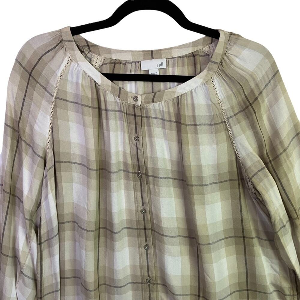 J. Jill Women's Tan Cream Plaid Button Up Top Blouse Size Medium - Picture 2 of 6